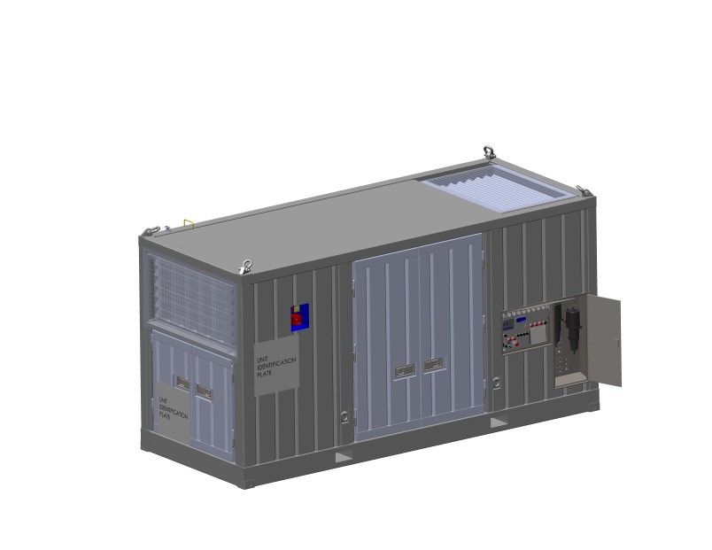 Ground-level generator and drive enclosure · design rendering.